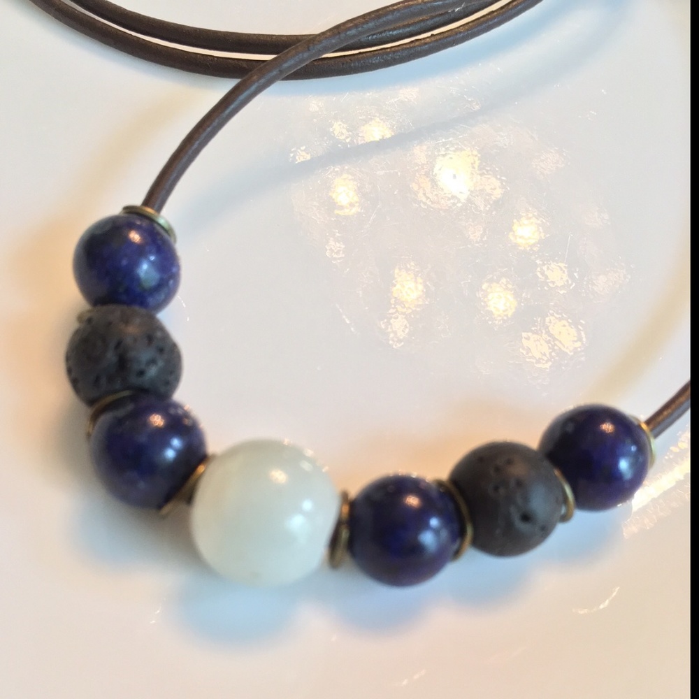 ARTISAN Leather Amazonite Lapis and Lava Beads 24” Necklace - Picture 3 of 5